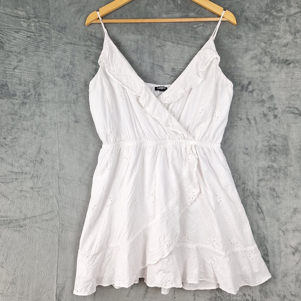 Express Dress Large White Floral Eyelet‎ Ruffle Wrap Coquette Cottage Romantic